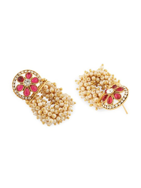 Gold-Plated Pink & Green Stone-Studded & Pearl-Beaded Jewellery Set VitansEthnics
