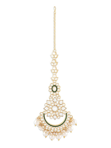 Gold Plated Kundan-Studded & Beaded Necklace And Earrings With Maang Tika VitansEthnics