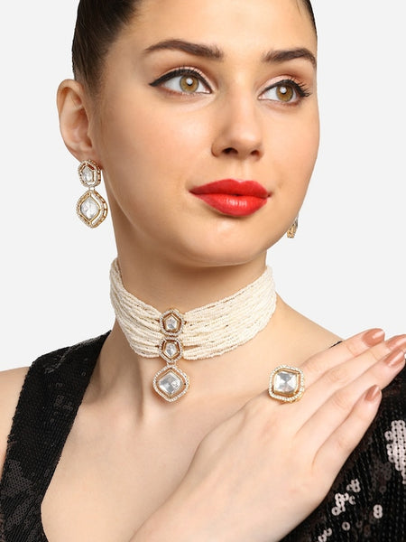 Gold-Plated American Diamond-Studded Necklace With Earrings & Finger Ring VitansEthnics