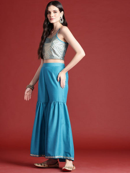 Printed Crop Top With Sharara Pants & Shrug Set for Women, Coord Set, Festival Outfit Ethnic Indian Dress, Wedding Guest Indo Western Outfit1 VitansEthnics