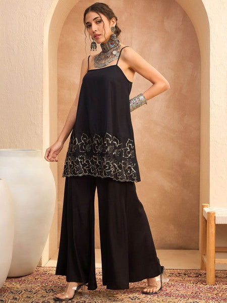 Floral Sequin Embroidered A-Line Kurti with Palazzo For Women, Co-Ords Set, Indo Western Outfit, Ethnic Indian Dress, Fusion Suit Set1 VitansEthnics