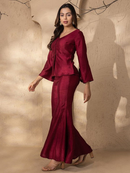 V Neck Slit Front Peplum Top With Palazzo Coord Set VitansEthnics