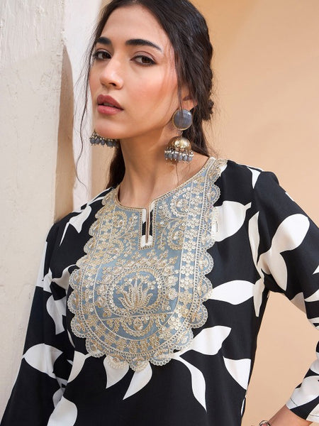 Floral Embroidered Patchwork Kurti With Dhoti Pants Set