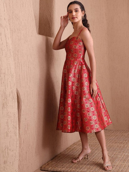 10Ethnic Motifs Jacquard Backless Fit & Flare Midi Dress For Women, Sleeveless Indian Dress, Indo Western Outfit, Fusion Wedding Guest Outfit VitansEthnics