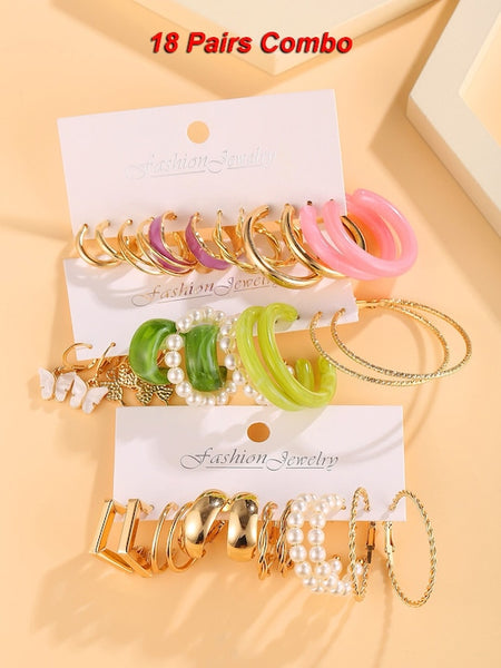 Set Of 18 Gold-Plated Contemporary Half Hoop Earrings VitansEthnics