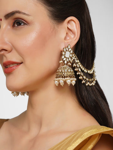 Gold-Plated Dome Shaped Jhumka Earrings With Chain VitansEthnics