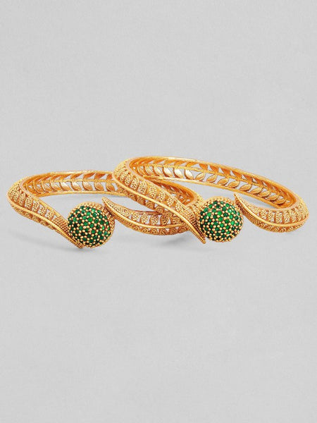 Set of 2 22K Gold-Plated Emerald Green Stone Studded Handcrafted Bangle VitansEthnics
