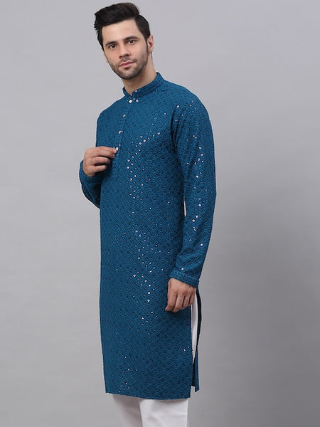 Men Teal Geometric Sequin Embroidered Kurta VitansEthnics