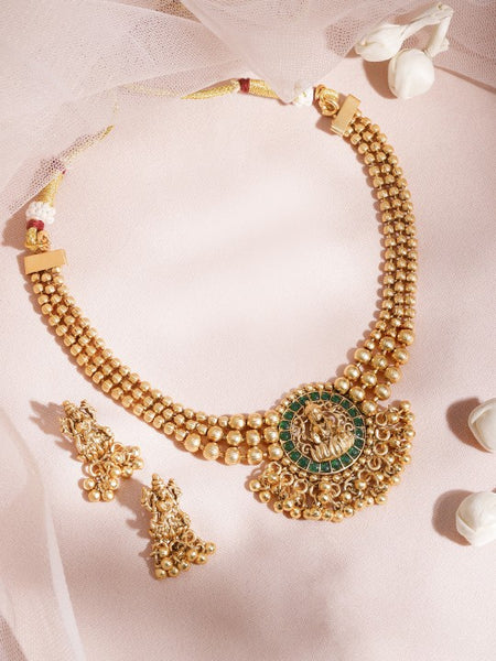 22KT Gold Plated Brass Green Stone Studded Lakshmi Motif Temple Necklace Set VitansEthnics