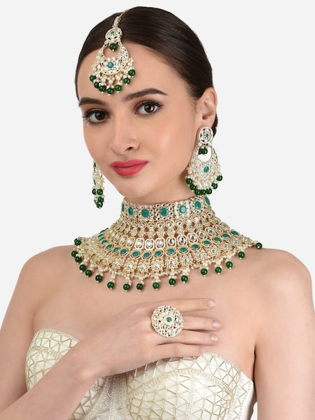 Green & White Gold-Plated Kundan-Studded & Pearl Beaded Bridal Jewellery Set VitansEthnics