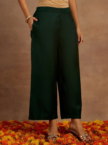 Green Woven Design Chanderi Silk Kurta with Palazzos & Dupatta