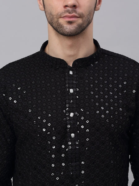 Men Black Geometric Sequin Embroidered Kurta VitansEthnics