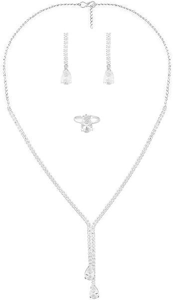 Women Silver Tone Cubic Zirconia Party Contemporary Necklace Earring & Ring Set VitansEthnics
