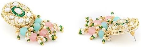 Pink & Green Beads Cluster Drops Kundan Choker Necklace Earrings & Ring Set For Women VitansEthnics