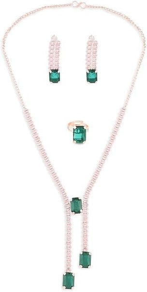 Green Dazzling Contemporary Necklace Earring & Ring Set For Women VitansEthnics