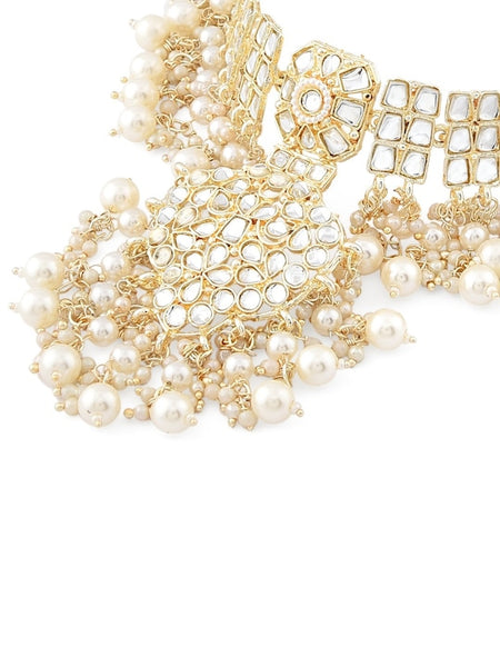 Women Gold Plated Kundan & Pearls Ethnic Choker Necklace Earring Maangtikka & Ring Set Jewellery Set VitansEthnics
