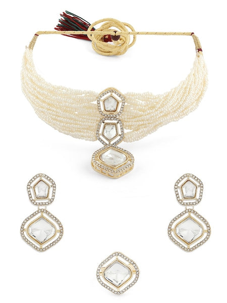 Gold-Plated American Diamond-Studded Necklace With Earrings & Finger Ring VitansEthnics