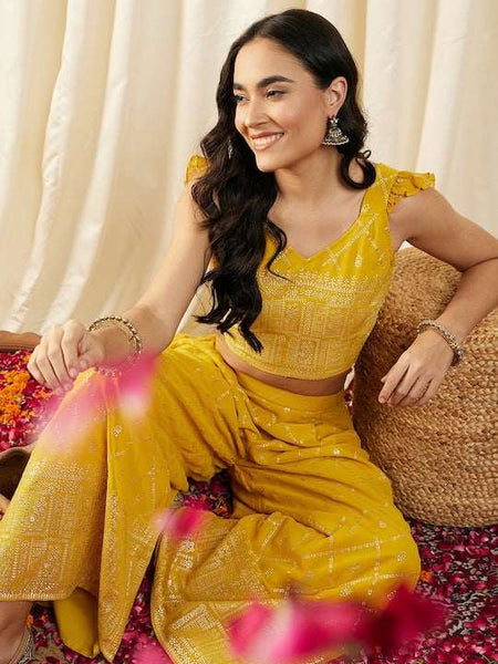 Crop Top With Pleated Palazzo Pants Set vitansethnics