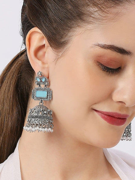 Beaded Dome-Shaped Oxidised Jhumka Drop Earrings VitansEthnics