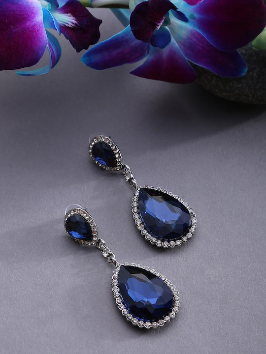 Navy Blue & White Silver-Plated Teardrop Shaped Drop Earrings VitansEthnics