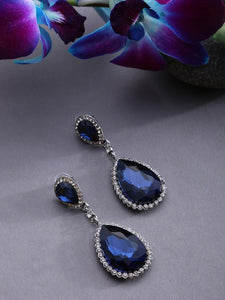 Navy Blue & White Silver-Plated Teardrop Shaped Drop Earrings VitansEthnics