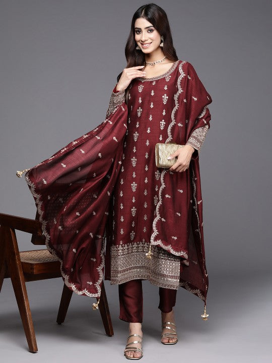 Ethnic Motifs Embroidered Sequinned Kurta with Trousers & Dupatta