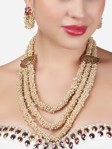 Gold-Plated Pink & Green Stone-Studded & Pearl-Beaded Jewellery Set VitansEthnics