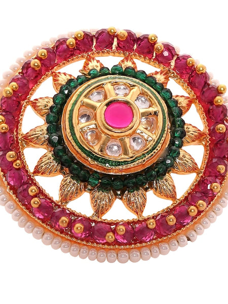 Gold-Plated Kundan-Studded & Pearls Beaded Adjustable Finger Ring VitansEthnics
