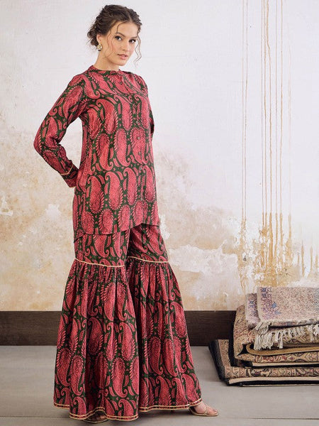 1Long Sleeves Mandarin Collar Kurta with Sharara For Women, Palazzo Kurti Set, Coord Set, Indo Western Outfit, Sharara Suit Kurti Set VitansEthnics