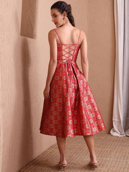 10Ethnic Motifs Jacquard Backless Fit & Flare Midi Dress For Women, Sleeveless Indian Dress, Indo Western Outfit, Fusion Wedding Guest Outfit VitansEthnics