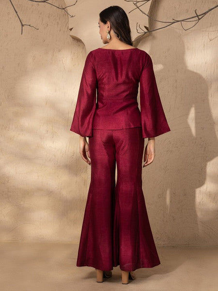 V Neck Slit Front Peplum Top With Palazzo Coord Set VitansEthnics