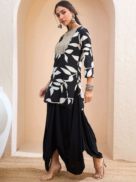 Floral Embroidered Patchwork Kurti With Dhoti Pants Set