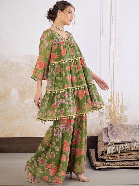 5Printed Sequin Embellished Flared Kurti with Palazzo For Women, Co-Ords Set, Indo Western Outfit, Ethnic Indian Dress, Fusion Suit Set VitansEthnics