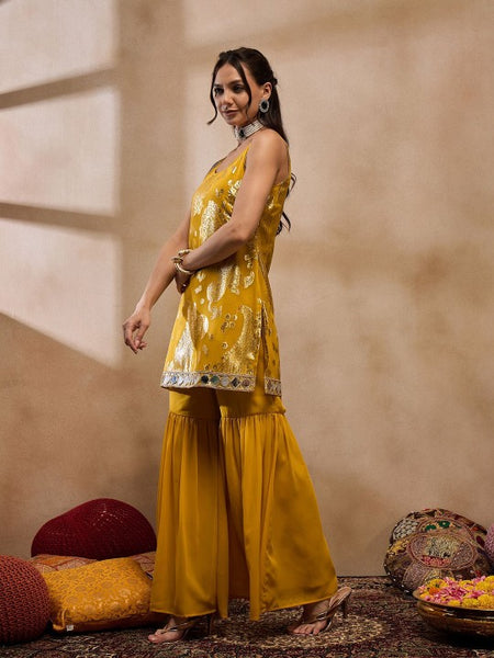 Sleeveless Woven Kurta With Sharara Pants Set VitansEthnics