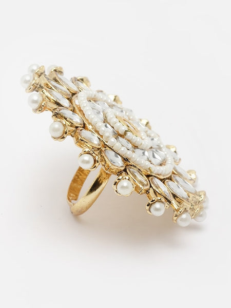 Gold-Plated Kundan-Solitaire Studded Pearl Beaded Finger Ring VitansEthnics