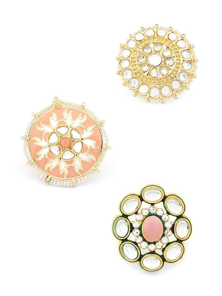 Set of 3 Gold-Plated White Stone Studded Adjustable Finger Rings VitansEthnics