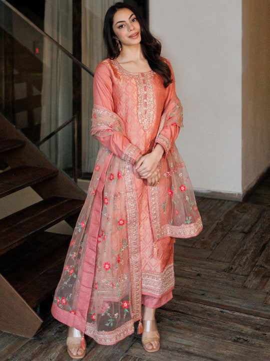 Women Peach Coloured Floral Embroidered Kurta with Trousers & Dupatta