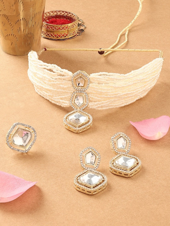 Gold-Plated American Diamond-Studded Necklace With Earrings & Finger Ring VitansEthnics