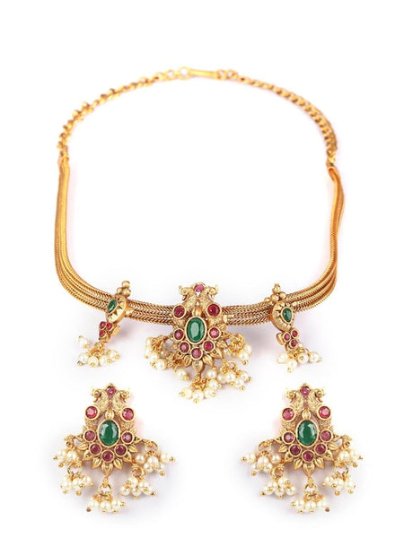 Gold-Plated & Green Ruby-Studded Jewellery Set VitansEthnics