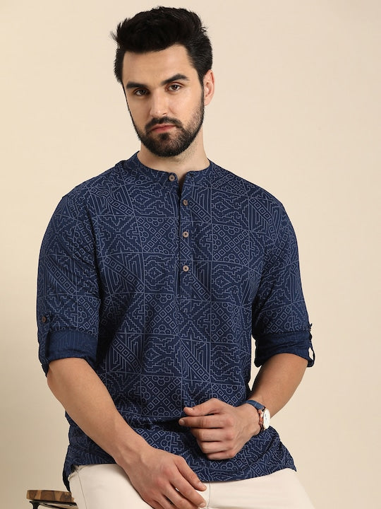 Men Geometric Printed Cotton Indigo Kurta VitansEthnics