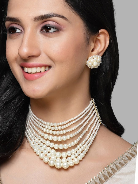 Gold-Plated Pearl Beaded Choker Necklace & Earrings VitansEthnics