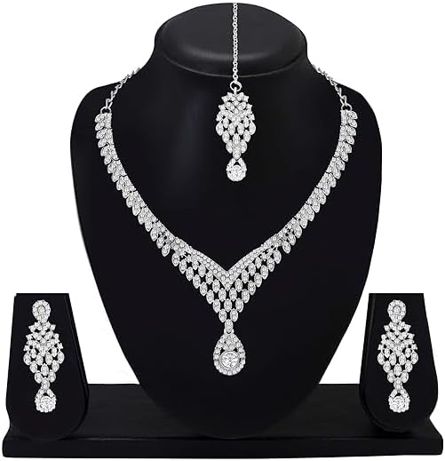Bridal Crystal Jewelry Set for Women Necklace Earrings Maangtikka Set Wedding Silver Plated VitansEthnics