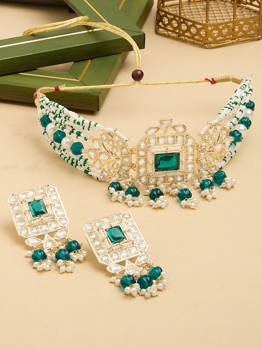 Gold-Plated Kundan-Studded & Beaded Green Choker Jewellery Set VitansEthnics