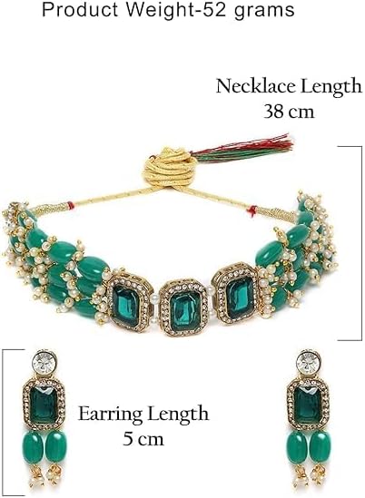 Women Green Stones & Beads Multistrand Indian Traditional Choker Necklace & Earring VitansEthnics