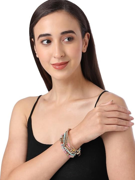 Women Gold Toned Pink Gold Plated Elasticated Beaded Bracelet VitansEthnics