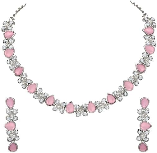 Silver Plated AD Studded Necklace With Earrings Jewelry Set For Women VitansEthnics