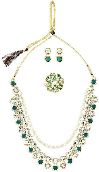 Green Kundan Multi Layers Necklace Earring & Ring Set For Women VitansEthnics