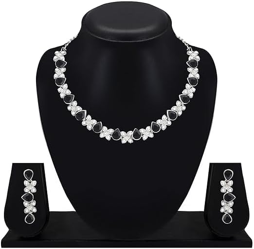 Silver Plated AD Studded Necklace With Earrings Jewelry Set For Women VitansEthnics