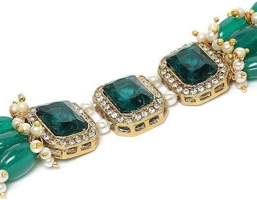Women Green Stones & Beads Multistrand Indian Traditional Choker Necklace & Earring VitansEthnics