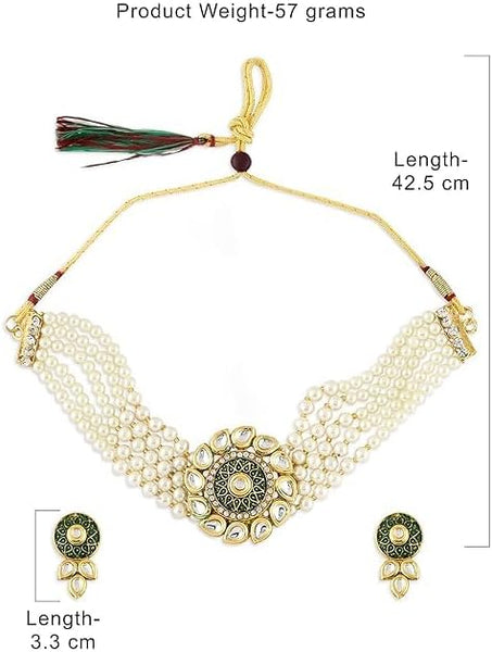 Green Enamel Multistrand Kundan Choker Necklace Earring & Ring Set For Women VitansEthnics